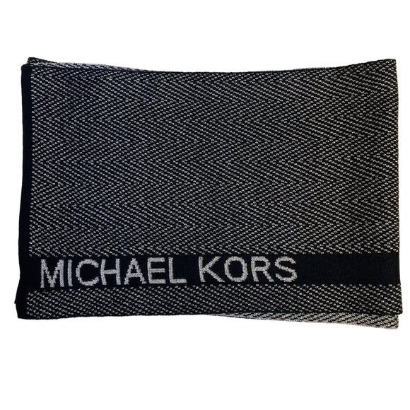 MICHAEL Michael Kors Spellout Metallic Scarf Black Silver - Picture 1 of 4